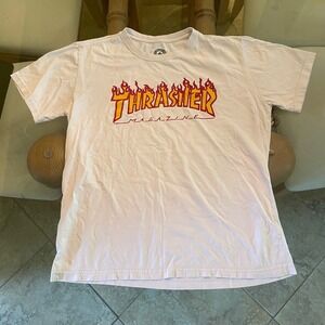 Thrasher Magazine Flames Logo Skateboarding T Shirt Pale Pink‎ Large